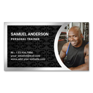 Black Damask Silver Fitness Personal Trainer Foto Magnetisch Visitekaartje