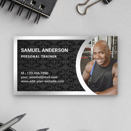Black Damask Silver Fitness Personal Trainer Foto Visitekaartje