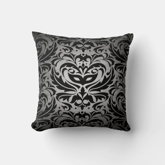 Black Damask Silver Scroll Reversible Pillow Kussen (Voorkant)