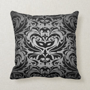 Black Damask Silver Scroll Reversible Pillow Kussen