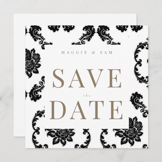 Black Damask Square Wedding Sla de datum op Save The Date (Voorkant / Achterkant)