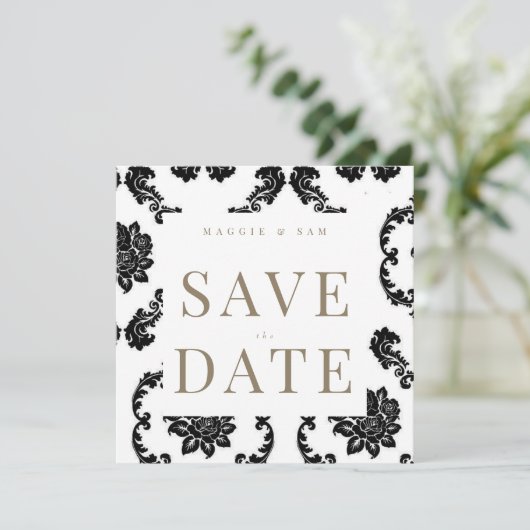Black Damask Square Wedding Sla de datum op Save The Date (Staand voorkant)