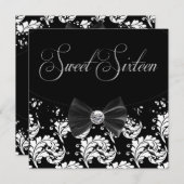 Black Damask Sweet Zestien Verjaardagsfeest Kaart (Voorkant / Achterkant)