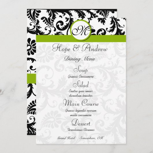 Black Damask Swirl Apple Green Wedding Menu (Voorkant / Achterkant)
