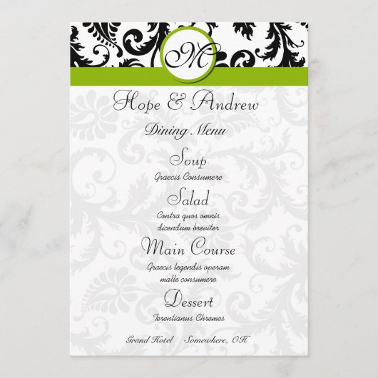 Black Damask Swirl Apple Green Wedding Menu (Voorkant)