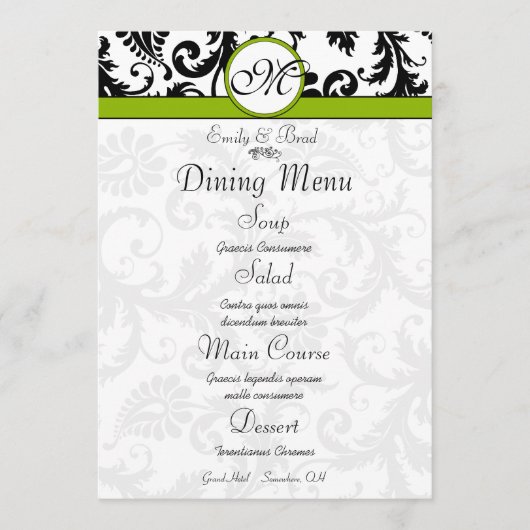 Black Damask Swirl Apple Green Wedding Menu (Voorkant)