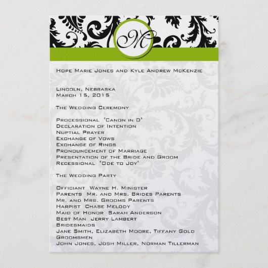 Black Damask Swirl Apple Green Wedding Program Programmakaart (Voorkant)