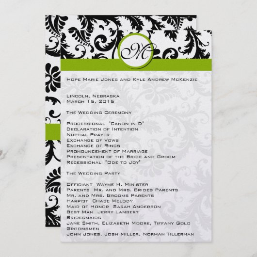 Black Damask Swirl Apple Green Wedding Program Programmakaart (Voorkant / Achterkant)