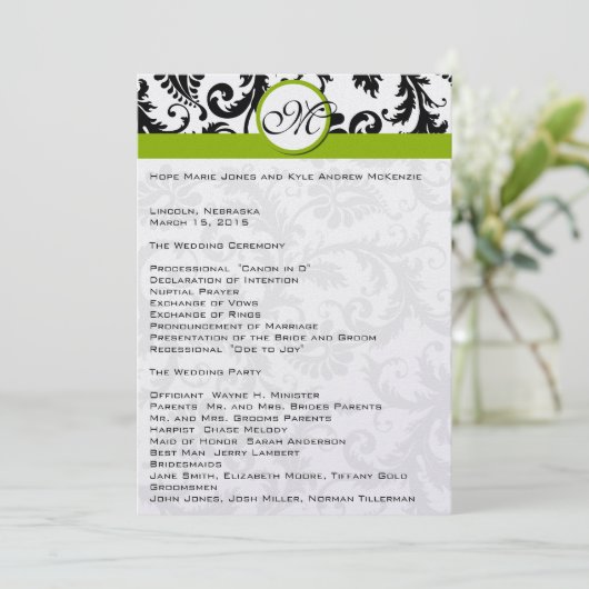 Black Damask Swirl Apple Green Wedding Program Programmakaart (Staand voorkant)