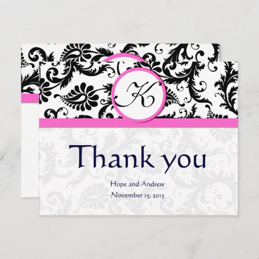 Black Damask Swirl Pink Weddenschap Hartelijk dank Bedankkaart (Voorkant / Achterkant)