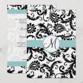 Black Damask Swirls Aqua Trim Wedding Invitation Kaart (Voorkant / Achterkant)