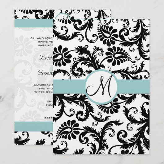 Black Damask Swirls Aqua Trim Wedding Invitation Kaart (Voorkant / Achterkant)