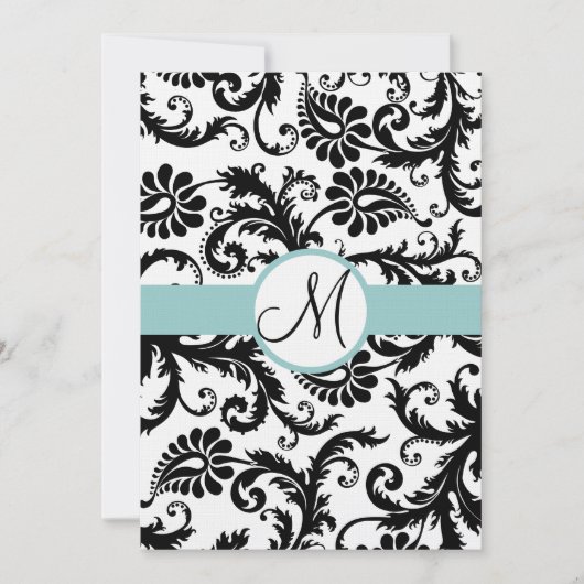 Black Damask Swirls Aqua Trim Wedding Invitation Kaart (Voorkant)