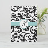 Black Damask Swirls Aqua Trim Wedding Invitation Kaart (Staand voorkant)