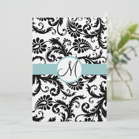 Black Damask Swirls Aqua Trim Wedding Invitation Kaart (Staand voorkant)