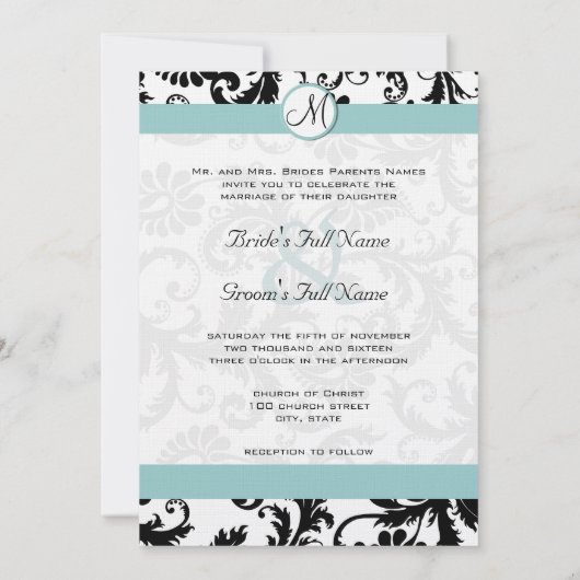 Black Damask Swirls Aqua Trim Wedding Invitation Kaart (Achterkant)