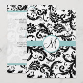 Black Damask Swirls Aqua Trim Wedding Invitation Kaart (Voorkant / Achterkant)