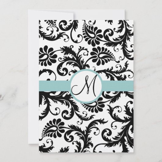Black Damask Swirls Aqua Trim Wedding Invitation Kaart (Voorkant)