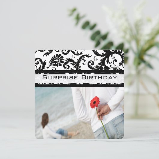 Black Damask Swirls Birthday Invitations Kaart (Staand voorkant)