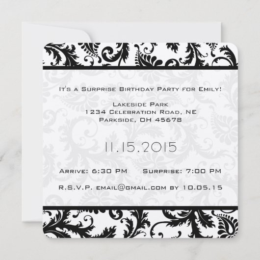 Black Damask Swirls Birthday Invitations Kaart (Achterkant)