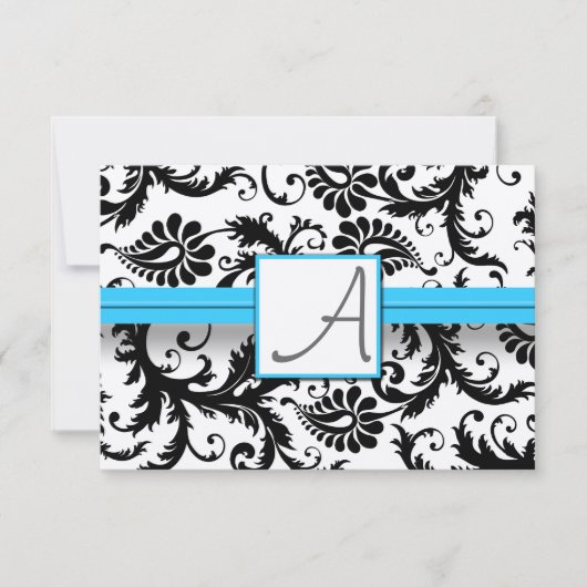 Black Damask Swirls Bright Aqua Raised Trim RSVP Kaartje (Voorkant)
