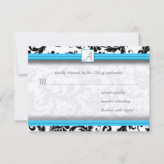 Black Damask Swirls Bright Aqua Raised Trim RSVP Kaartje (Achterkant)