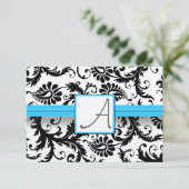 Black Damask Swirls Bright Aqua Raised Trim RSVP Kaartje (Staand voorkant)