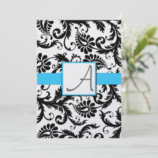 Black Damask Swirls Light Aqua Trim Kaart (Staand voorkant)