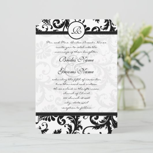 Black Damask Swirls met Stippen Weddenschap Kaart (Staand voorkant)