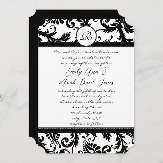 Black Damask Swirls met Stippen Weddenschap Kaart (Voorkant / Achterkant)