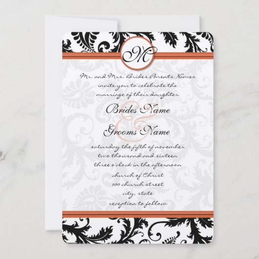 Black Damask Swirls op White Burnt Oranje Trim Kaart (Achterkant)