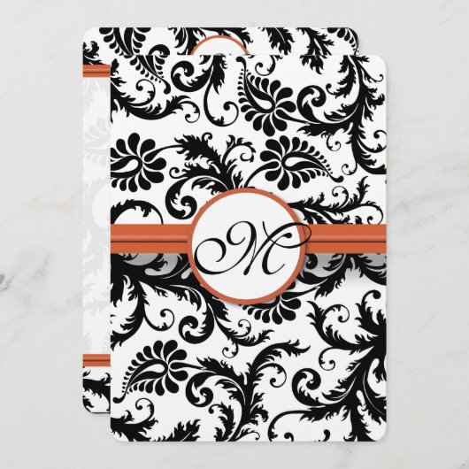 Black Damask Swirls op White Burnt Oranje Trim Kaart (Voorkant / Achterkant)