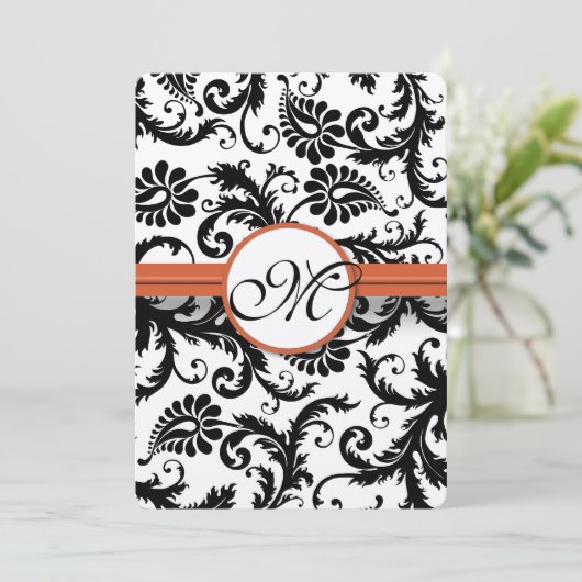 Black Damask Swirls op White Burnt Oranje Trim Kaart (Staand voorkant)
