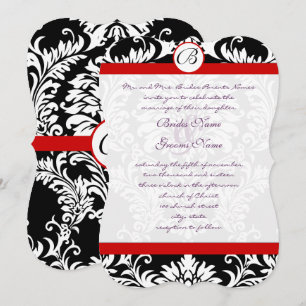 Black Damask Swirls Red Trim Paars Font Wedding Kaart
