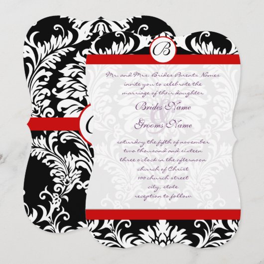 Black Damask Swirls Red Trim Paars Font Wedding Kaart (Voorkant / Achterkant)