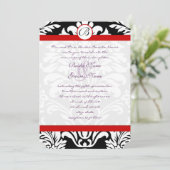 Black Damask Swirls Red Trim Paars Font Wedding Kaart (Staand voorkant)