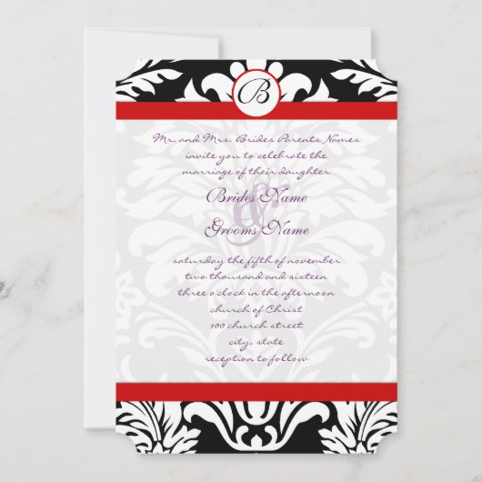 Black Damask Swirls Red Trim Paars Font Wedding Kaart (Voorkant)