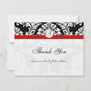 Black Damask Swirls Red Trim Weddenschap Bedankkaart