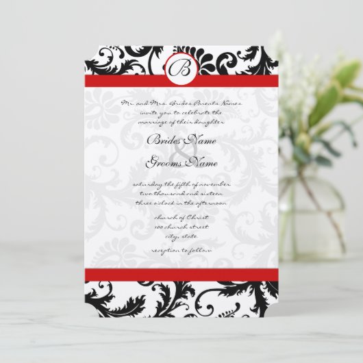 Black Damask Swirls Red Trim Weddenschap Kaart (Staand voorkant)