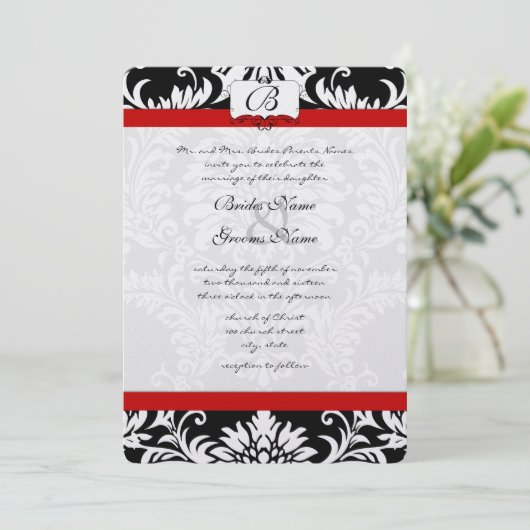 Black Damask Swirls Red Trim Weddenschap Kaart (Staand voorkant)