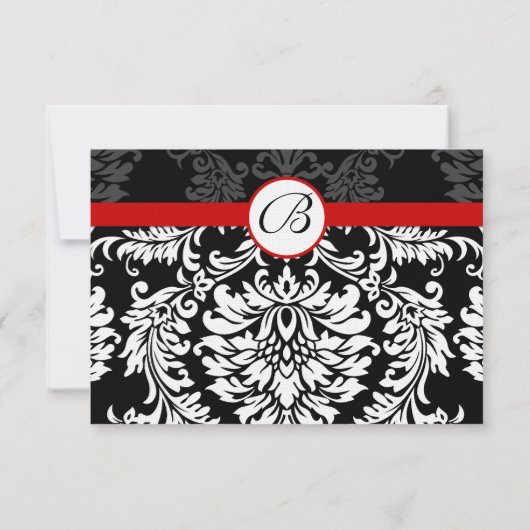 Black Damask Swirls Red Trim Weddenschap RSVP (Achterkant)