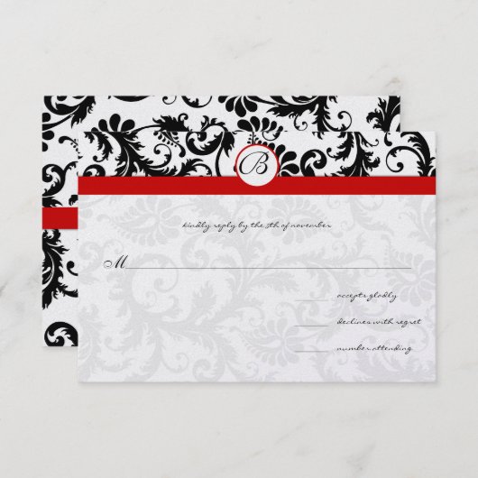 Black Damask Swirls Red Trim Weddenschap RSVP (Voorkant / Achterkant)