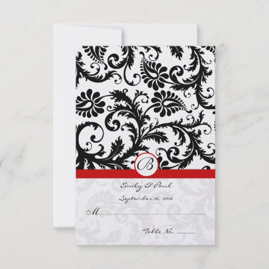 Black Damask Swirls Red Trim Weddenschap RSVP (Voorkant)