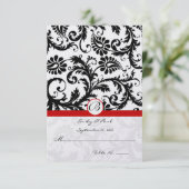 Black Damask Swirls Red Trim Weddenschap RSVP (Staand voorkant)