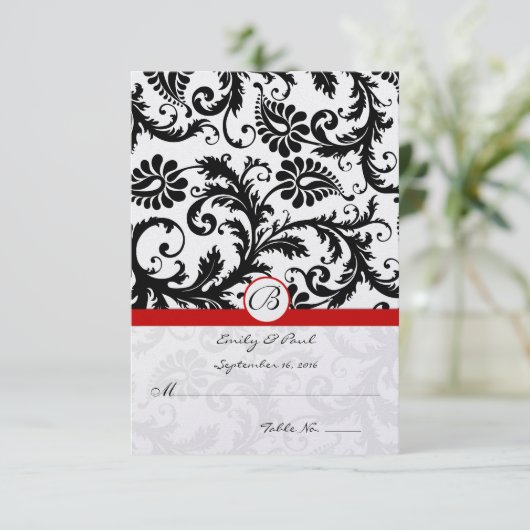 Black Damask Swirls Red Trim Weddenschap RSVP (Staand voorkant)