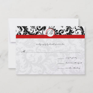 Black Damask Swirls Red Trim Weddenschap RSVP Kaartje