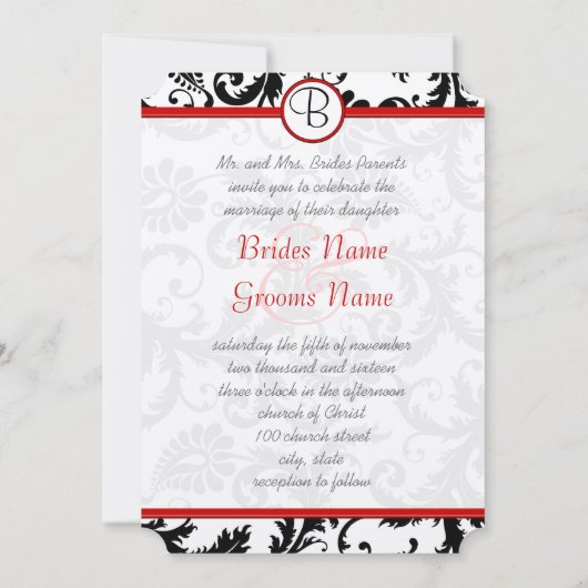 Black Damask Swirls Red Trim Wedding Invitations Kaart (Achterkant)
