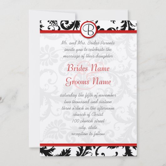 Black Damask Swirls Red Trim Wedding Invitations Kaart (Achterkant)