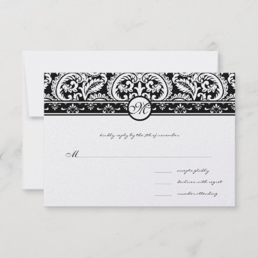 Black Damask Swirls Square Weddenschap RSVP Kaartje (Voorkant)