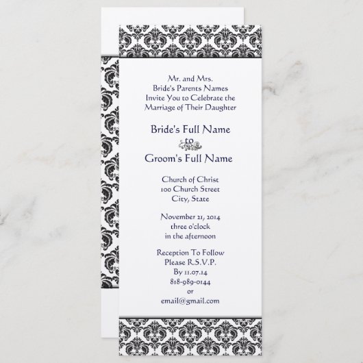 Black Damask Swirls Wedding Invitation Kaart (Voorkant / Achterkant)